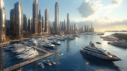 Obraz premium A panoramic view of a modern city skyline with a marina full of luxury yachts and boats during a beautiful sunset.