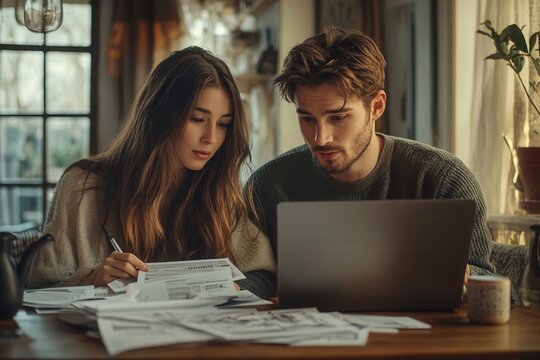 Couple working together on financial planning at home.