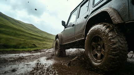 Off-road vehicle driving through a muddy terrain in a scenic landscape with grassy hills under an overcast sky