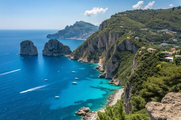 Fototapeta premium Breathtaking Landscape of Capri Island Overlooking the Bay of Naples, Showcasing Vibrant Blue Waters and Dramatic Cliffs Under a Clear Blue Sky in Italy's Mediterranean Paradise