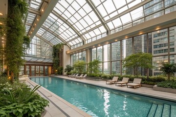 Fototapeta premium Breathtaking Indoor Swimming Pool Surrounded by Modern Architecture and Natural Light in a Spacious Building for Relaxation and Leisure Activities