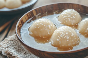 Detailed view of large sesame tangyuan in sweet syrup served in a bowl on a wooden table for the Winter Solstice celebration
