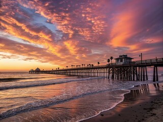 Breathtaking Panoramic View of Coco Beach Pier at Sunset with Vibrant Skies and Gentle Waves, Perfect for Nature Lovers and Coastal Photography Enthusiasts