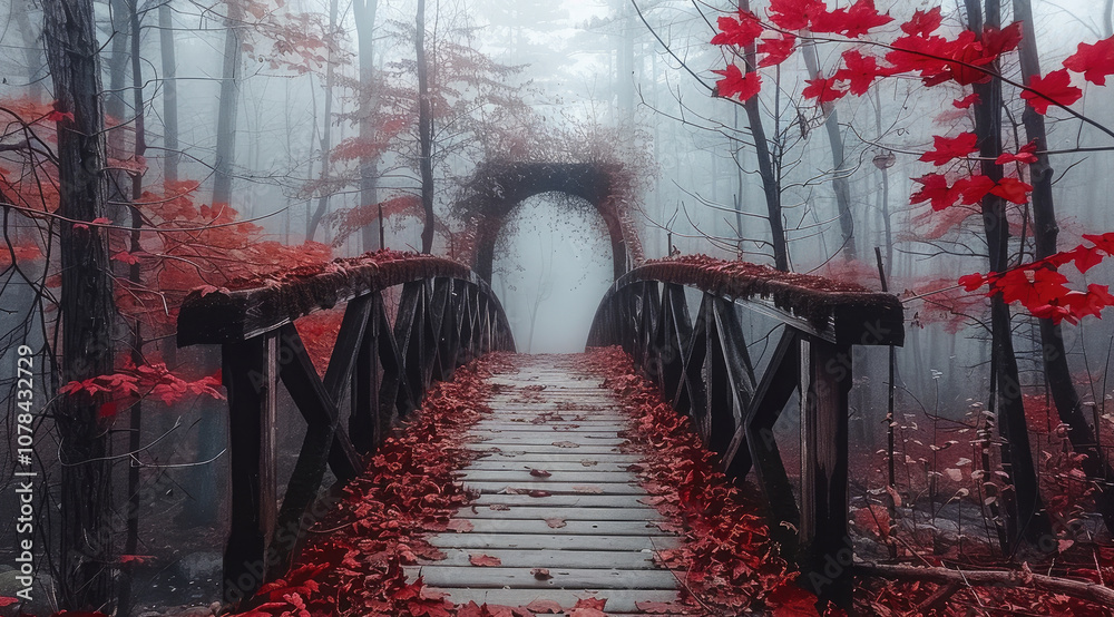 Poster a misty path leading to an old wooden bridge, surrounded by vibrant red foliage and trees in the woo