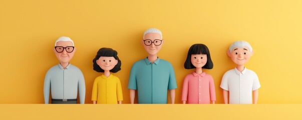 A diverse group of animated characters representing different ages and genders, standing together against a yellow background.
