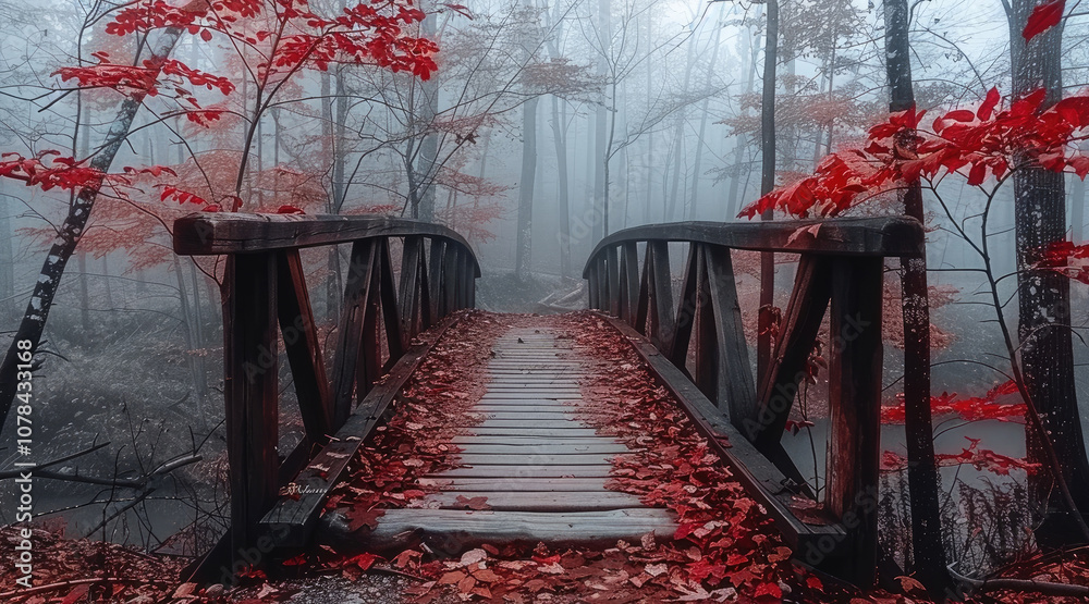 Poster a misty path leading to an old wooden bridge, surrounded by vibrant red foliage and trees in the woo