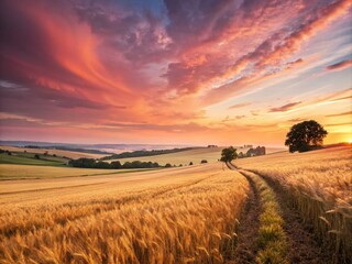 Fototapeta premium Breathtaking Tilt-Shift Photography of a Sunrise Over a Golden Wheat Field with Vibrant Colors and Soft Light Enhancing the Scenic Beauty of Nature at Dawn