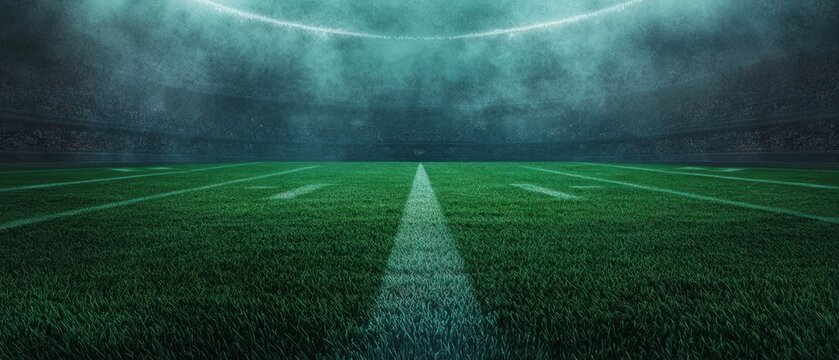 A dynamic football field with vibrant green grass and yard lines under dramatic lighting, creating an intense atmosphere for sporting events. Perfect for sports-related designs.