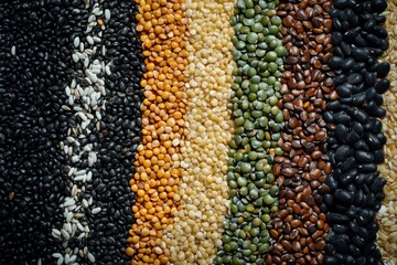 Diverse organic cereal mix featuring job s tears lentils rice corn flaxseed mung beans sesame oats black eyed peas pumpkin seeds and pintos for sustainable agri