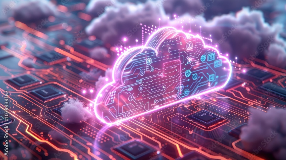 Poster a glowing cloud-shaped hologram floats above a dense matrix of microchips, representing seamless clo