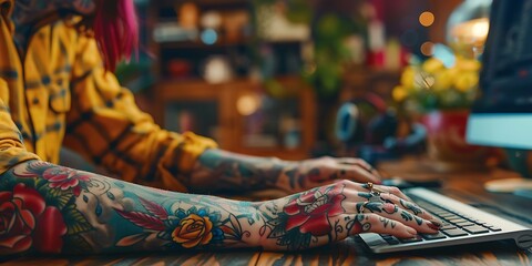 Tattooed woman working on computer at home, closeup