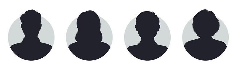 Collection of monochrome portraits, silhouettes, man, woman, people. Vector avatars in a circle. Unknown anonymous people, profiles on social networks. All objects are isolated