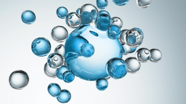 Blue cosmetic serum with liquid bubbles in a 3D abstract background. Hydrating essence gel enriched with collagen molecules. Moisturizing cream or oil for advanced skincare, beauty, and skin health.
