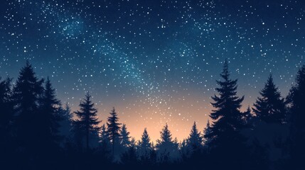 A starry night sky over a dark silhouette of a dense forest.