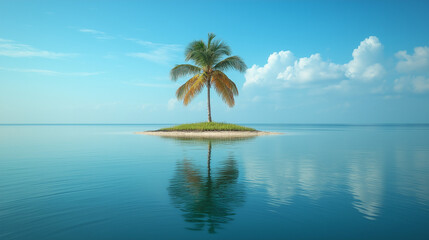 Tranquil Tropical Island with Palm Tree Reflection in Calm Blue Ocean
