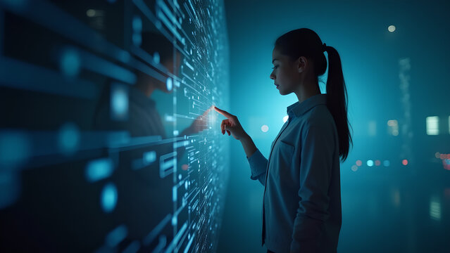 A woman in a server room interacting with a digital interface.  She is working with technology.