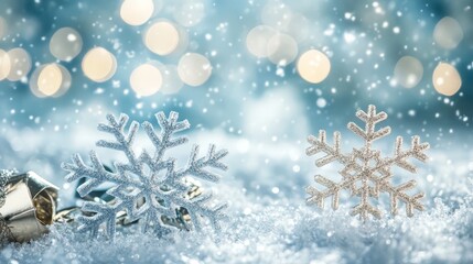 Sparkling Snowflakes on White Snow with Bokeh Lights