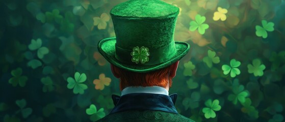 A man in a green top hat surrounded by lush clovers representing luck and celebration.