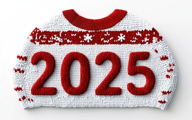 holiday sweater pattern: 3D text "2025" with red and white holiday sweater knit texture, realistic festive design, soft lighting, white background 