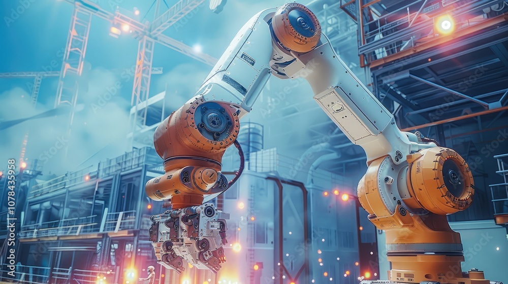 Poster AI-controlled robotic arms meticulously assembling a structure at a construction site, outdoors on a large-scale project.