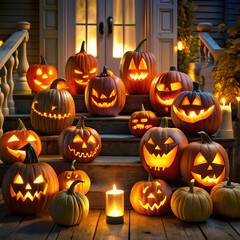 A variety of intricately carved jack-o'-lanterns showcase creative designs