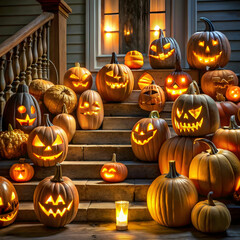 A variety of intricately carved jack-o'-lanterns showcase creative designs