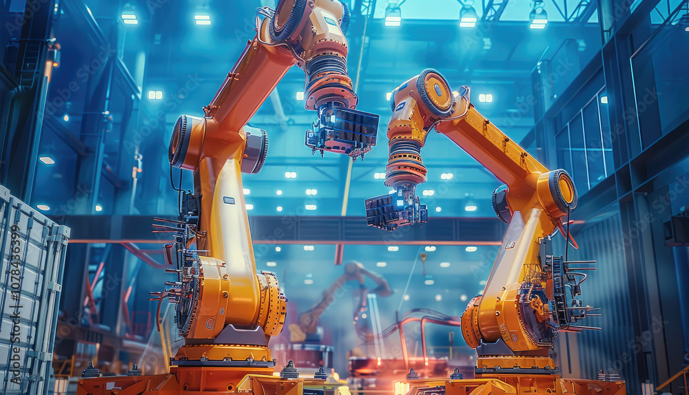 Poster AI-controlled robotic arms meticulously assembling a structure at a construction site, outdoors on a large-scale project.