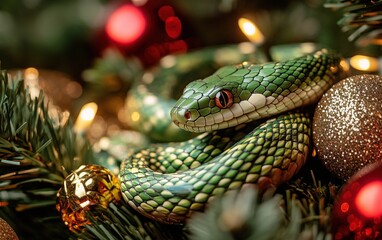Fototapeta premium green snake christmas professional stock photo -