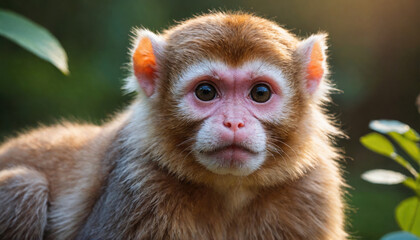 Obraz premium A young golden monkey sits amongst the green foliage in a forest