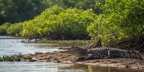 Candid Shot of a Crocodile Basking on the Riverbank Surrounded by Lush Green Mangroves in a Vibrant Tropical Wetland Environment Capturing Nature's Serenity