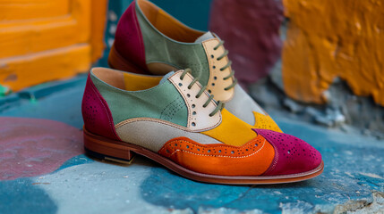 Multi-colored patchwork leather oxford shoes