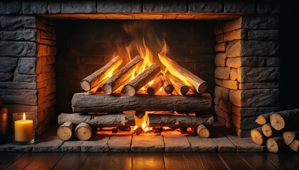 Cozy stone fireplace with burning logs and candlelight creating a warm ambiance