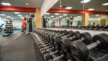 Candid View of a Modern Gym Interior Featuring Dumbbells on Rack in a Fitness and Workout Room, Perfect for Fitness Enthusiasts and Health-Focused Spaces