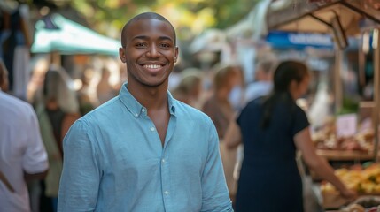 Fototapeta premium Young smiling politician with medium dark skin exploring vibrant outdoor market