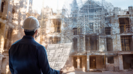 construction engineer examines blueprints at historic building site, showcasing retrofitting techniques and structural integrity