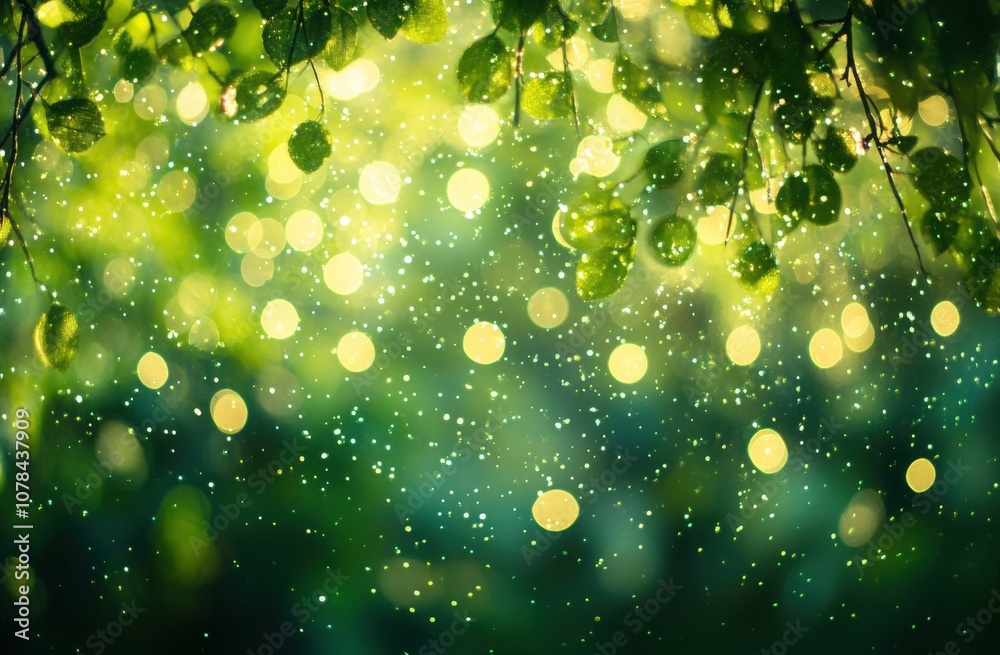 Poster A background of sparkling green leaves and light particles, creating an enchanting atmosphere for design projects.
