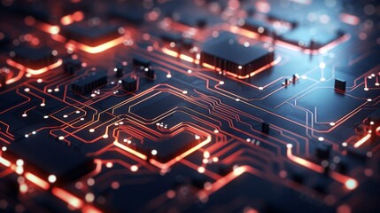 Obraz premium Complex electronic pathways illuminate a futuristic circuit board, symbolizing the flow of information in the digital age 