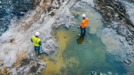 Exploration of aquifer recharge by water resource engineers in muddy area. engineers, wearing safety gear, assess waterlogged site for environmental impact