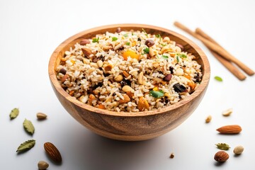 Vibrant Bowl of Garnished Rice with Nuts and Spices