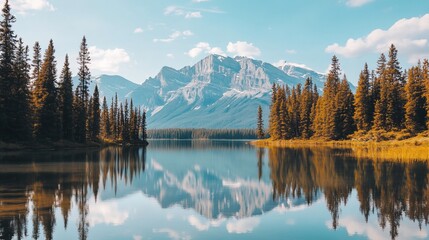 A tranquil mountain lake with a clear reflection of the snow-capped peak and blue sky.