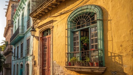 Fototapeta premium Captivating Architectural Photography of an Old Window in Havana, Showcasing Weathered Textures, Vibrant Colors, and the Unique Charm of Historic Cuban Architecture