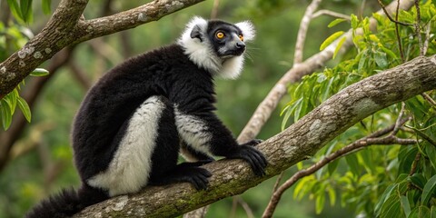Captivating Black Lemur Male Perched on a Tree Branch in Its Natural Habitat, Showcasing Its Unique Features and Striking Appearance for Wildlife Enthusiasts and Nature Lovers