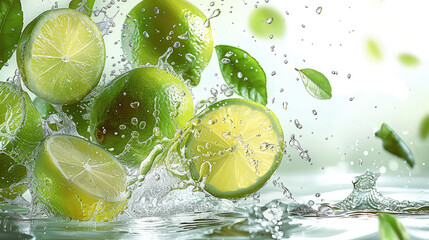 A dynamic splash of green tea and lime, with leaves swirling around the limes and water droplets creating an abstract design on a white background, creating a fresh and vibrant.