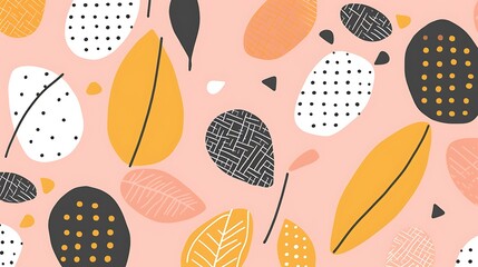 Abstract Pattern with Leaves, Circles, and Lines on a Pink Background