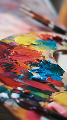 Fototapeta premium Artists palette with vibrant colors showing creative paint blending in progress Vertical Mobile Wallpaper