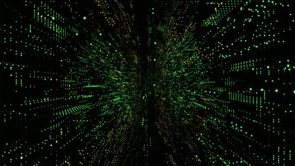 Futuristic vector sci-fi circle portal in space. Green matrix cyberspace with moving data. 3D ai tunnel with dot. Abstract digital wormhole data. Binary code particle flow by funnel. Concept hacking. © ASdesign0714