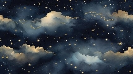 Fototapeta premium Christmas night sky with glowing stars and fluffy clouds. Generative Ai