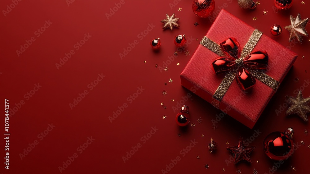 Aufkleber a red box with a bow on top of it is surrounded by many red and gold ornaments