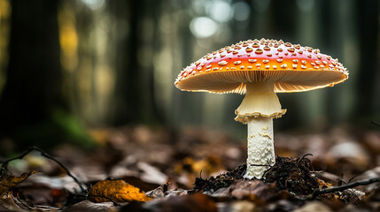 Fly agaric (Amanita muscaria) glowing in a winter-like woodland, surrounded by green moss and brown leaves, as sunlight filters through the trees