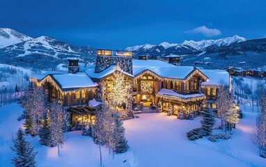 Fototapeta premium High-End Winter Lodge â€“ Richly decorated holiday lodge with cozy, luxury amenities, featuring an oversized fireplace, custom holiday decor, and exclusive access to ski slopes 